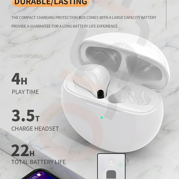 Pro 6 TWS Bluetooth Earbuds - Stereo Sound & Charging Case