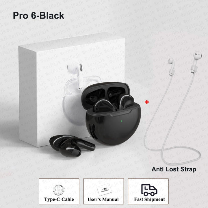 Pro 6 TWS Bluetooth Earbuds - Stereo Sound & Charging Case