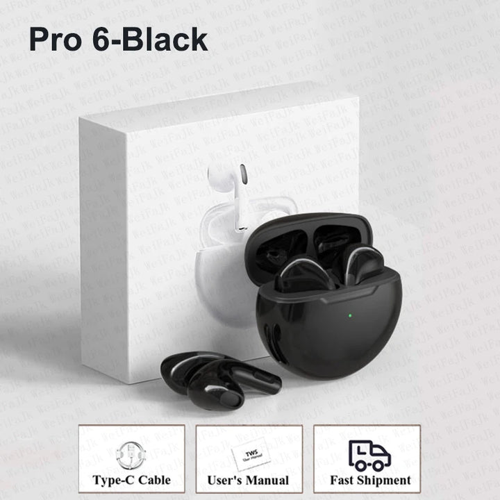 Pro 6 TWS Bluetooth Earbuds - Stereo Sound & Charging Case
