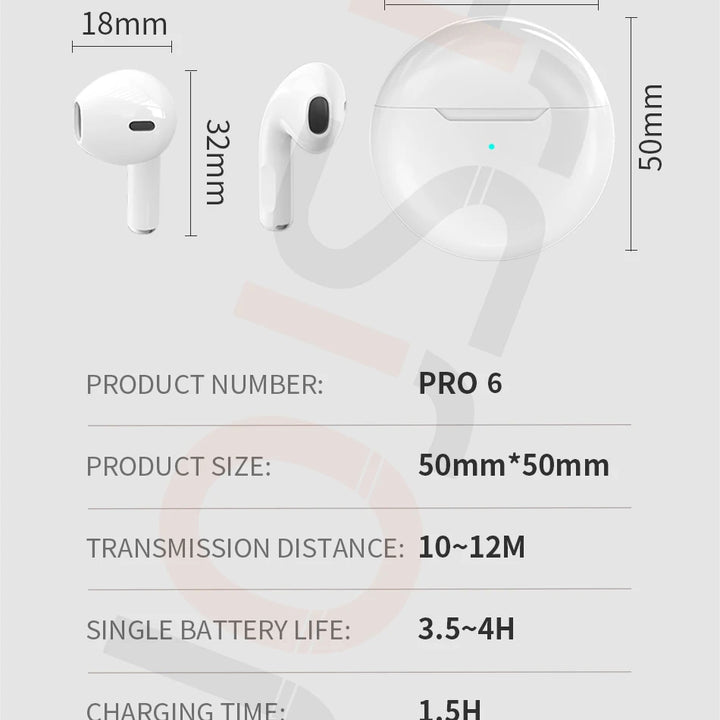 Pro 6 TWS Bluetooth Earbuds - Stereo Sound & Charging Case