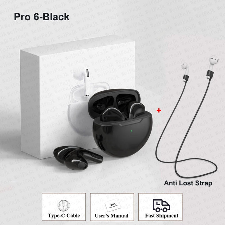 Pro 6 TWS Bluetooth Earbuds - Stereo Sound & Charging Case